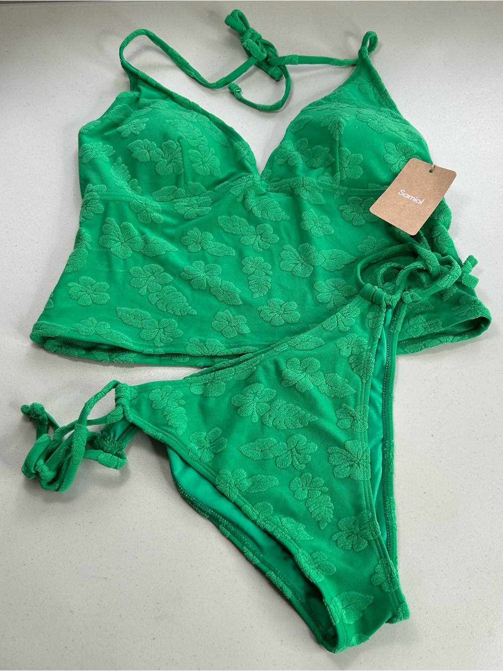 Samiol Tankini Bikini Set XL Green Tropical Terry Swimwear New
